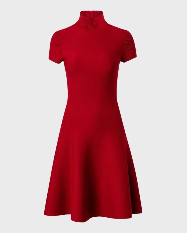 Mock Neck Short-Sleeve A-Line Merino Knit Dress